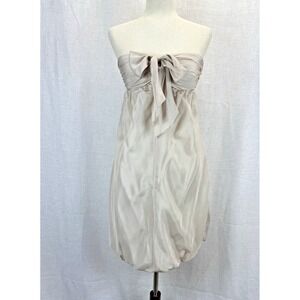 Y2K BCBG Paris Tan White‎ Stripe Strapless Babydoll Silk Bubble Hem Dress 4